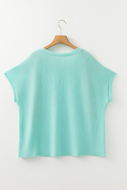 Light Blue Twisted Rib Contrast Pocket Knit Crew Neck Plus Size T Shirt