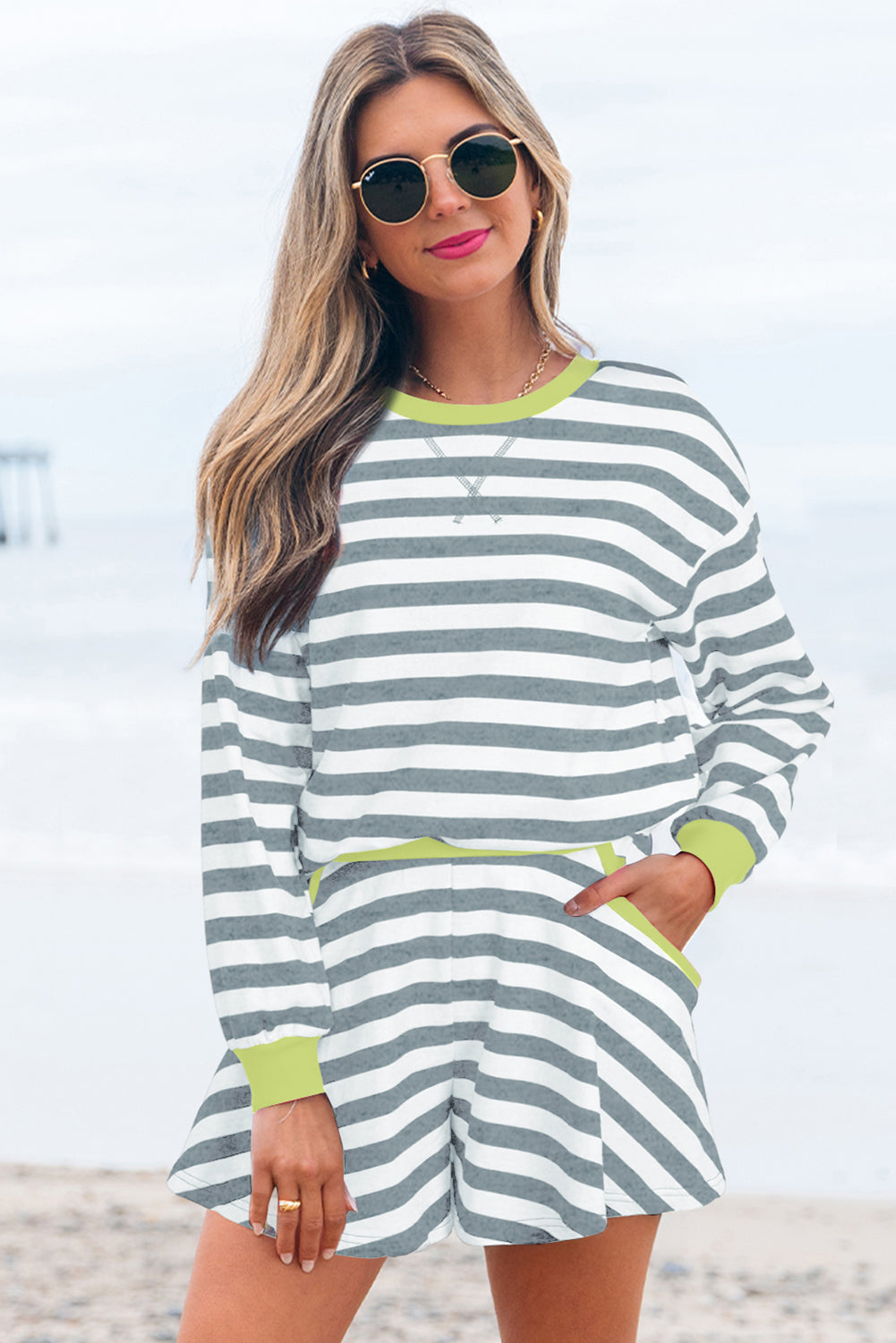 Premium Gray Stripe Ribbed Long Sleeve Blouse Plus Shorts Set Dear-Lover Dropshipping
