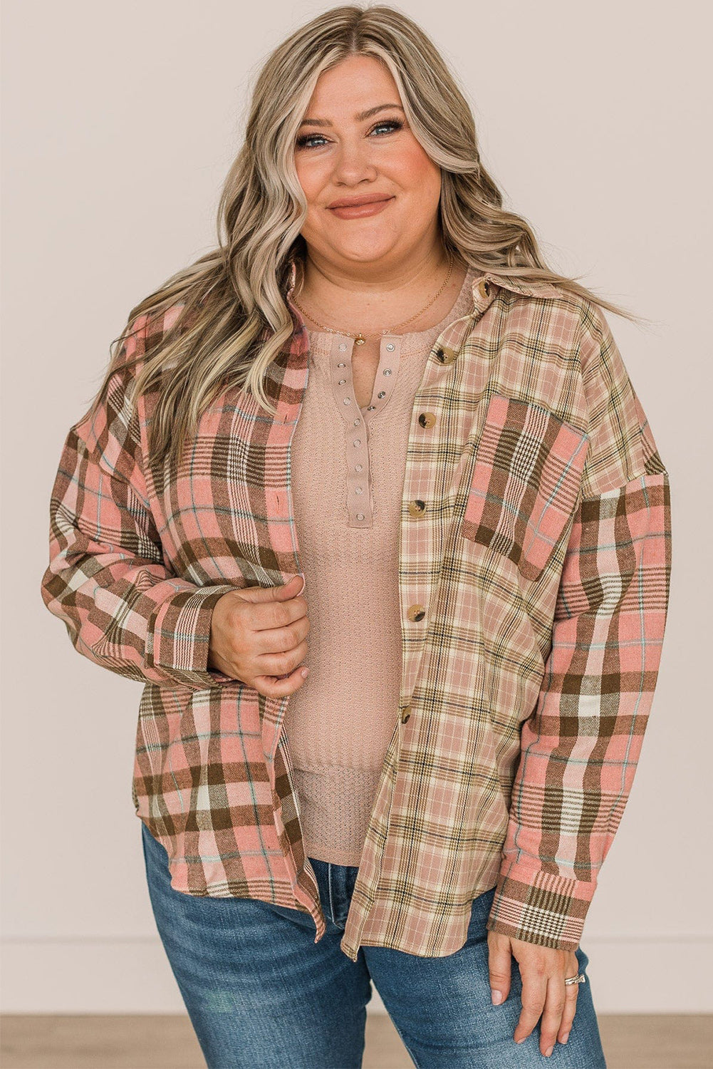 Chic pink plus size plaid long sleeve shirt with pocket detail