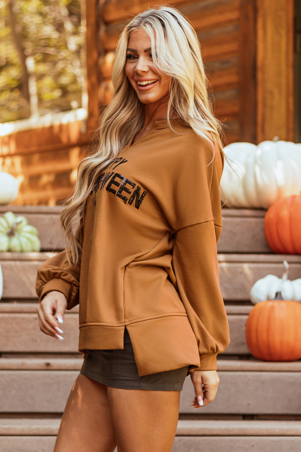 Chic chestnut Halloween top with sequin graphic and long sleeves