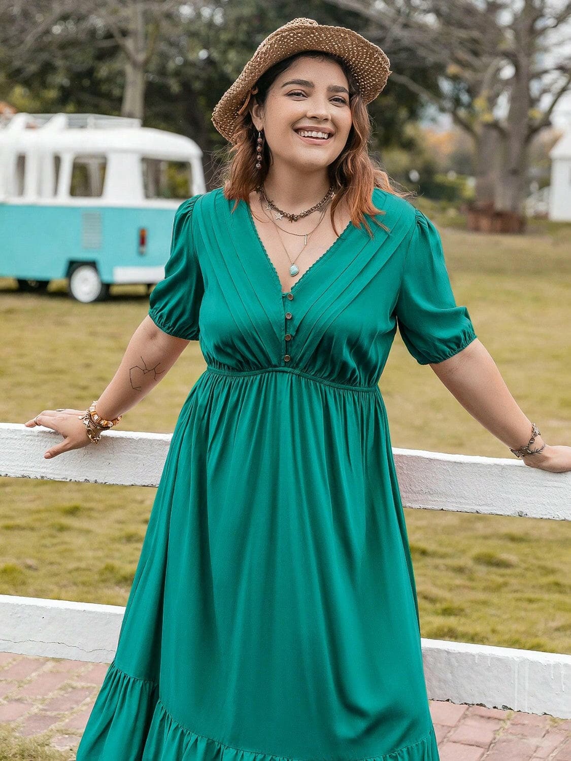 Plus Size V-Neck Short Sleeve Ruffle Hem Dress.