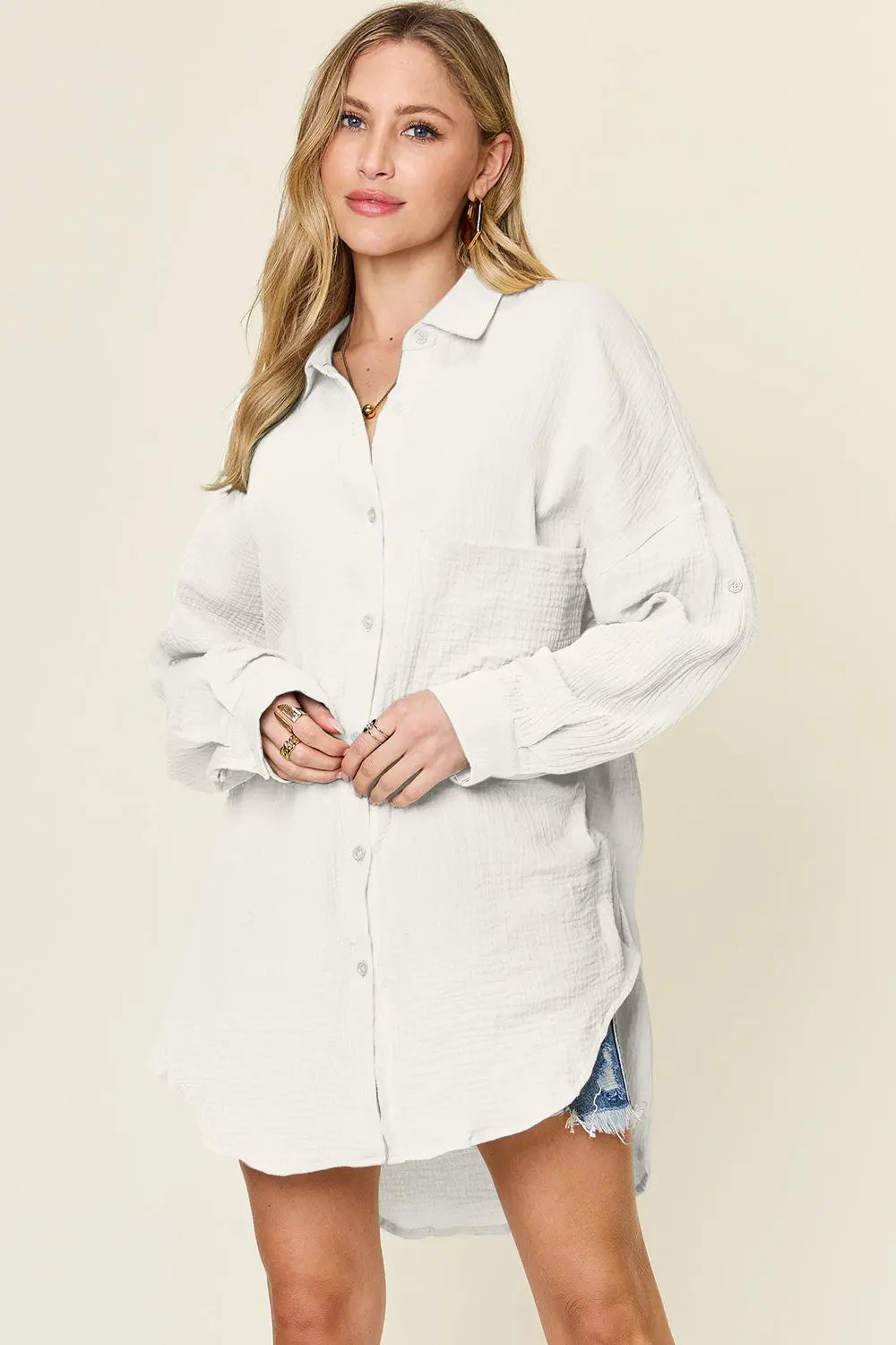 Double Take Full Size Pocketed Texture Button Up Shirt - Love Salve