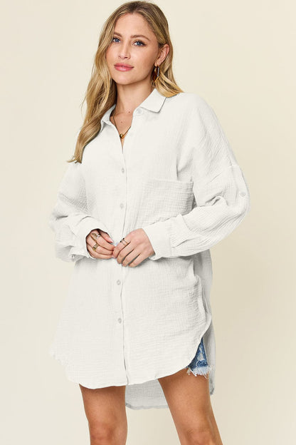 Double Take Full Size Pocketed Texture Button Up Shirt.