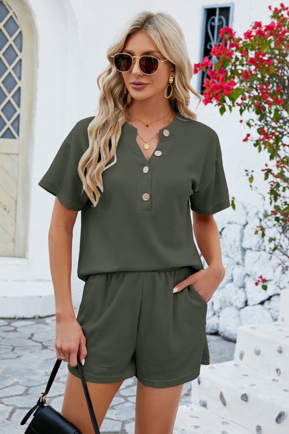 Notched Button Detail Dropped Shoulder Top and Shorts Set.