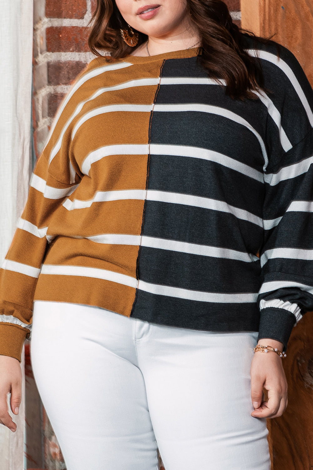 Trendy plus size striped colorblock loose-fit top