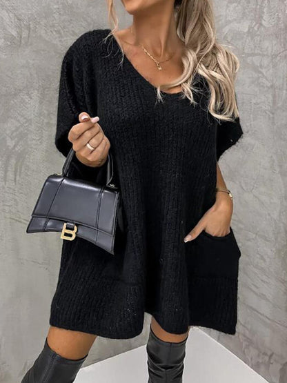 Short Sleeve Sweater Dress with Pockets.