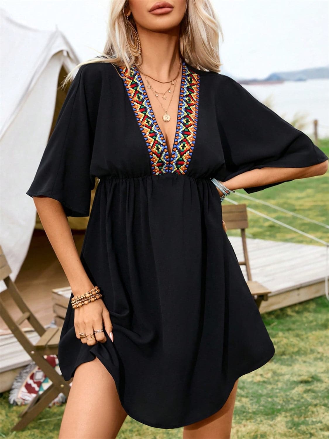 Embroidered Plunge Half Sleeve Mini Dress.