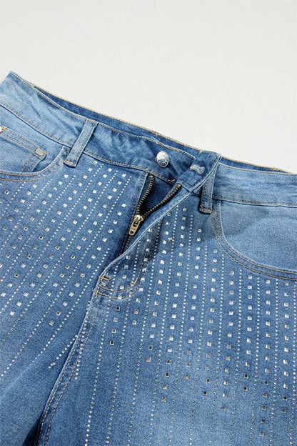 Rhinestone High Waist Denim Shorts.