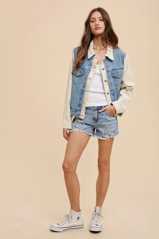 Annie Wear Collared Neck Double Placket Denim Jacket - Love Salve 