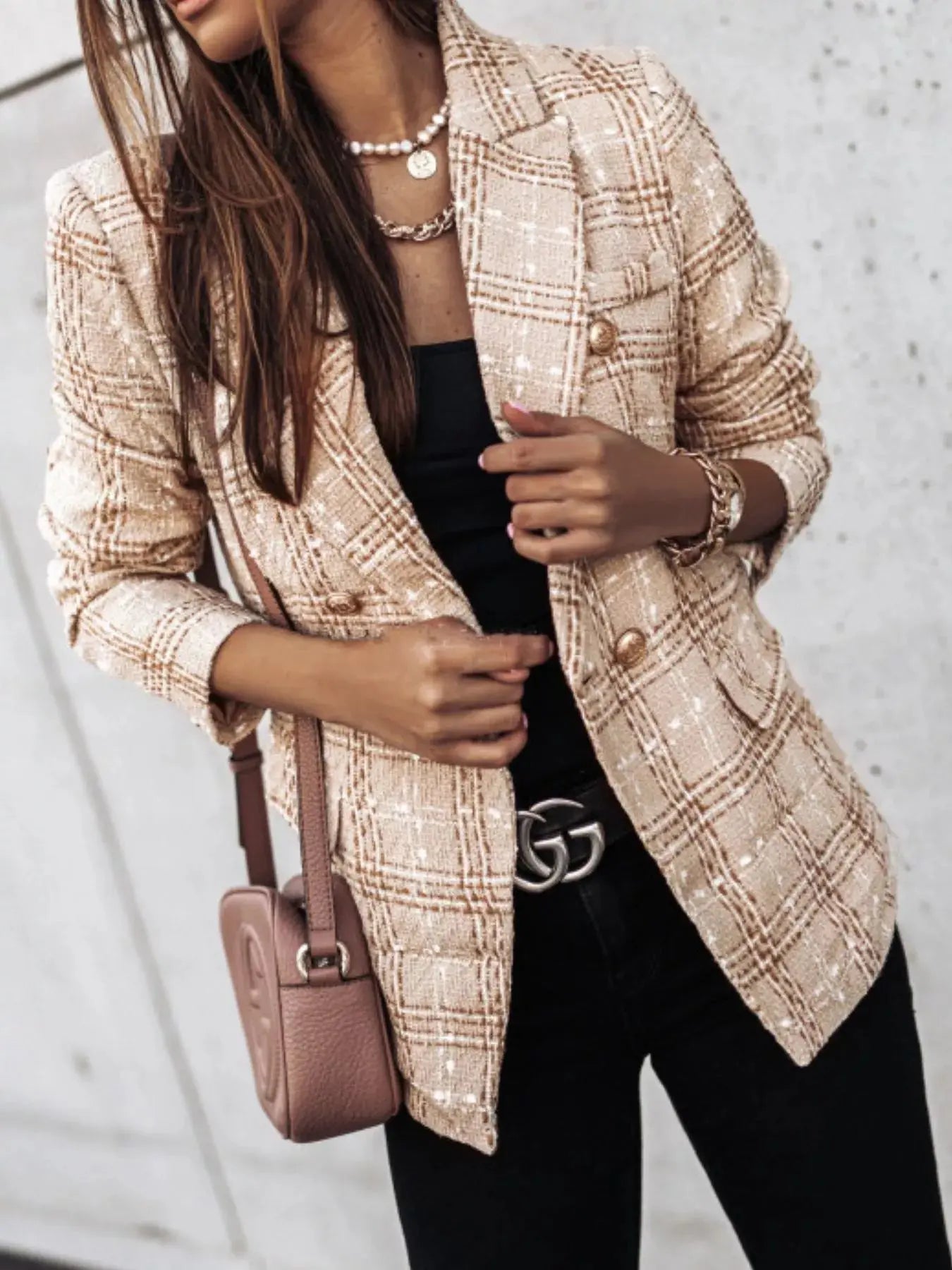 Full Size Plaid Tweed Double-Breasted Blazer Plus Size Simply Love