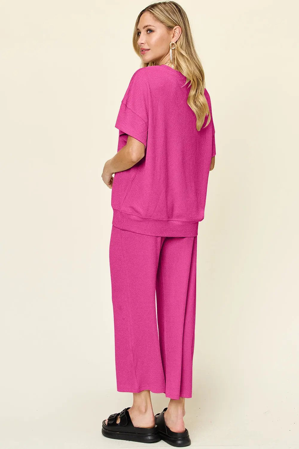 Double Take Full Size Texture Round Neck Short Sleeve T-Shirt and Wide Leg Pants - Love Salve