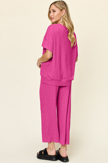 Double Take Full Size Texture Round Neck Short Sleeve T-Shirt and Wide Leg Pants.