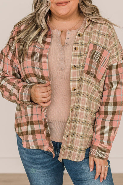 Chic pink plus size plaid long sleeve shirt with pocket detail