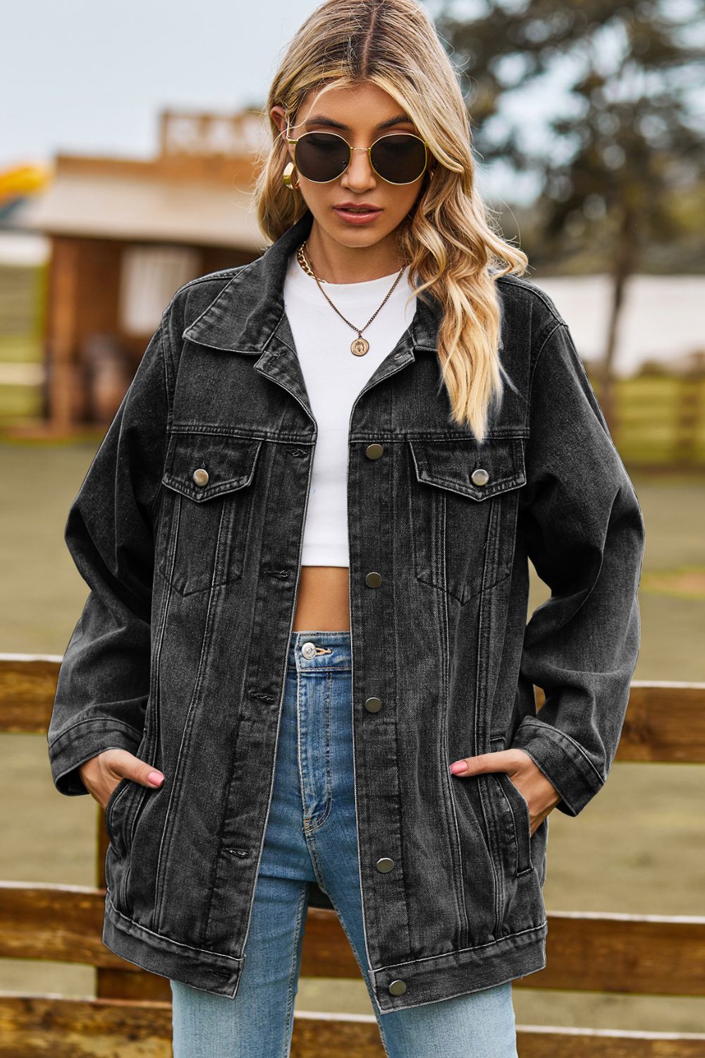 Buttoned Collared Neck Denim Jacket with Pockets Coco’s Tee Boutique