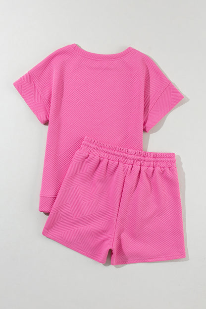 Strawberry pink textured drawstring shorts and top set