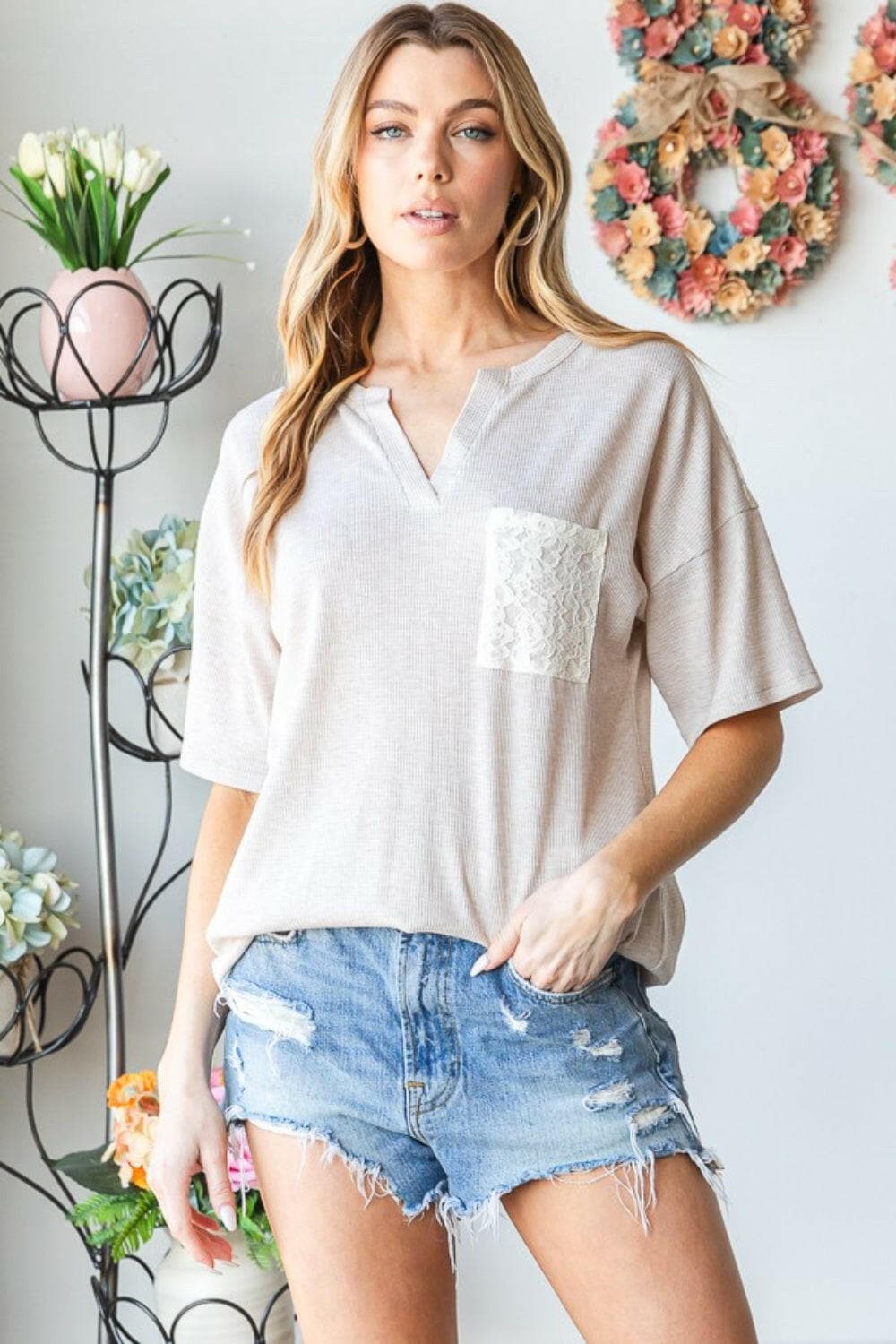 Heimish Full Size Lace Front Pocket Drop Shoulder Top.