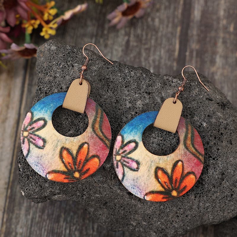 Wooden Flower Round Shape Earrings.