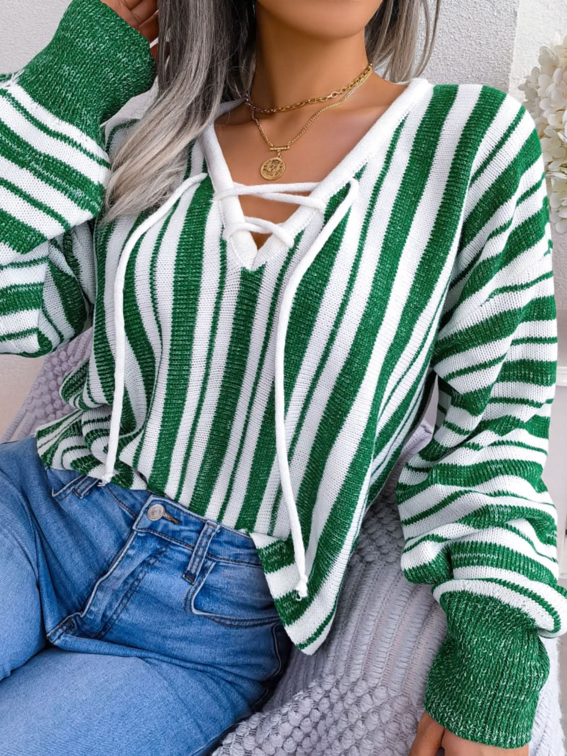 Lace-up striped long sleeve sweater