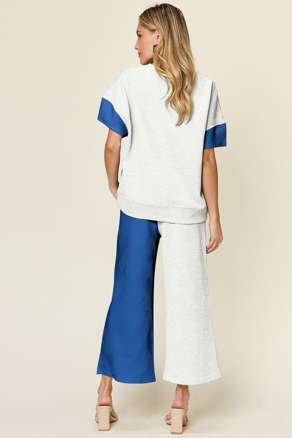 Double Take Full Size Texture Contrast T-Shirt and Wide Leg Pants Set.