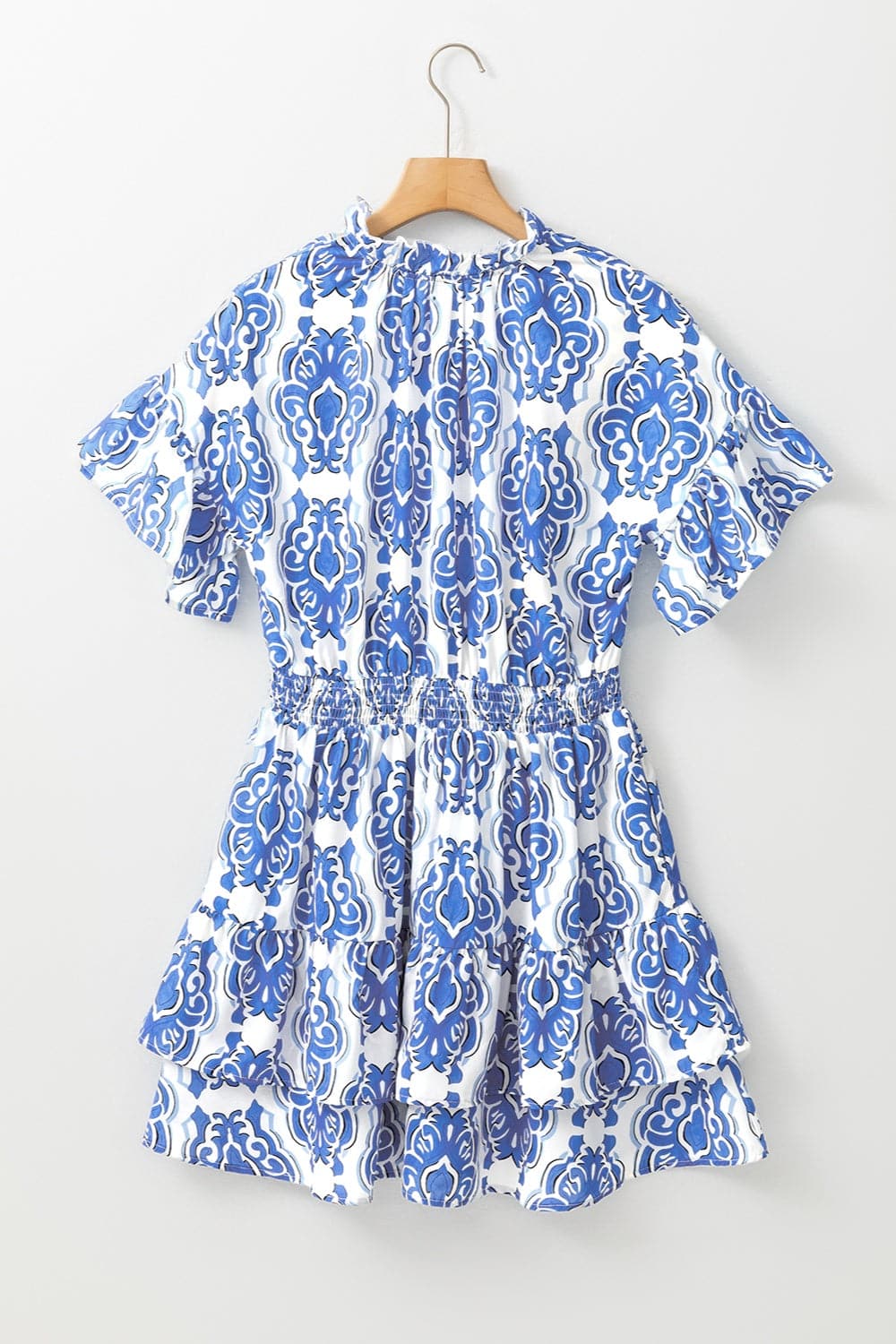 Printed Tie Neck Short Sleeve Mini Dress.