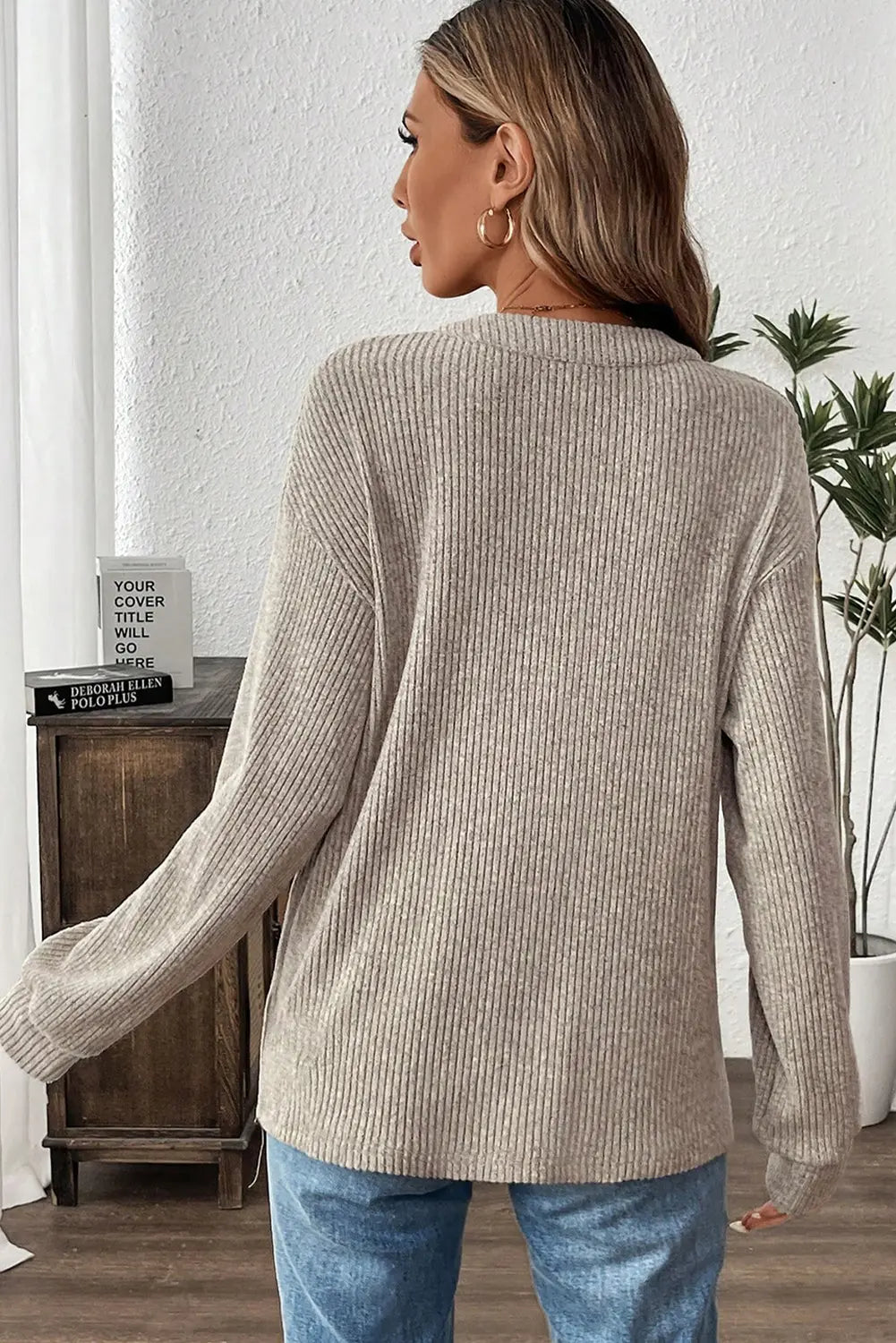 Simply Taupe Plus Size Ribbed Knit Kangaroo Pocket Henley Long Sleeve Top Dear-Lover Dropshipping