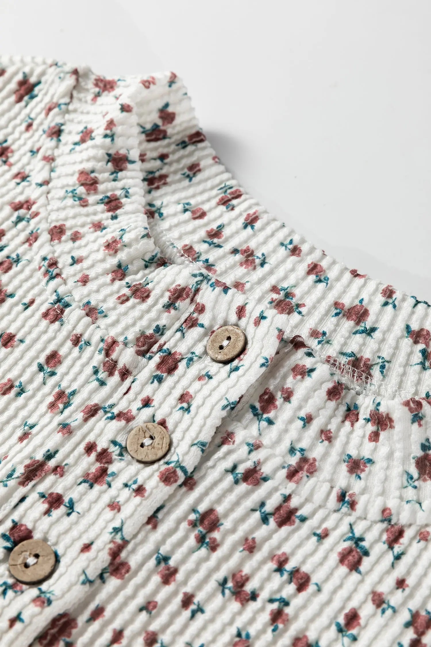 White Spiral Ribbed Floral Print Long Sleeve Henley Top Drawstring Short Set Dear-Lover Dropshipping