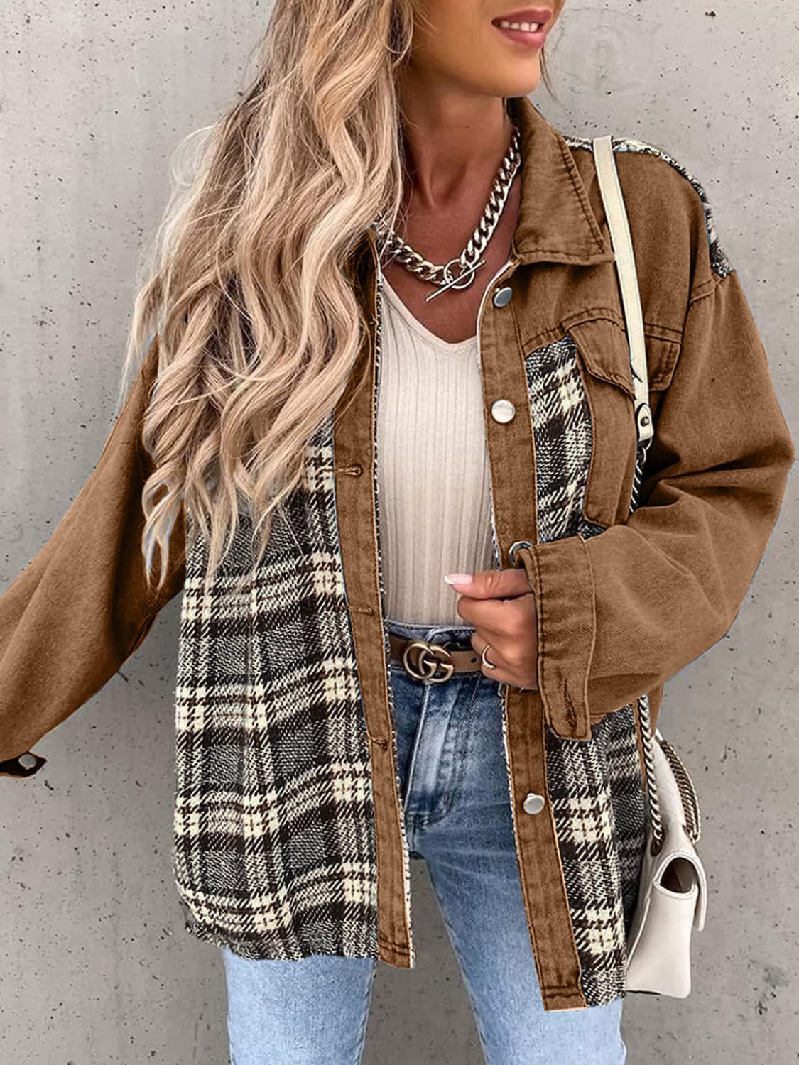 Plaid Button Up Dropped Shoulder Jacket.