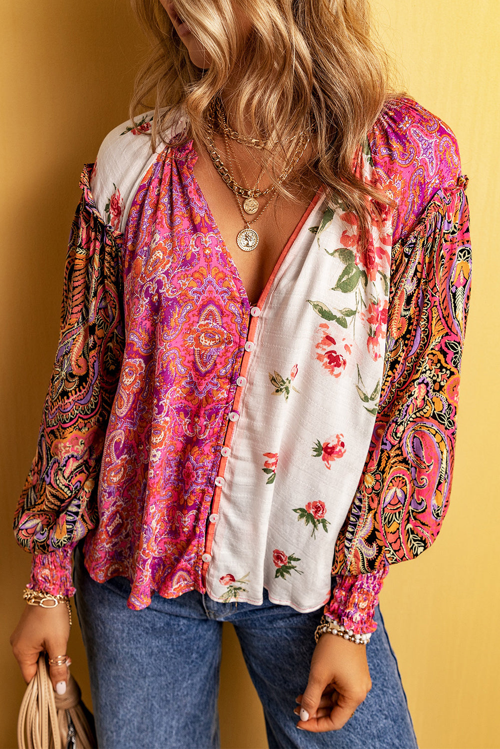 Floral charm: Pink patchwork blouse with shirred cuffs