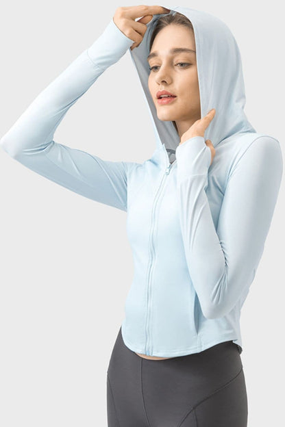 Pocketed Zip Up Hooded Long Sleeve Active Outerwear.