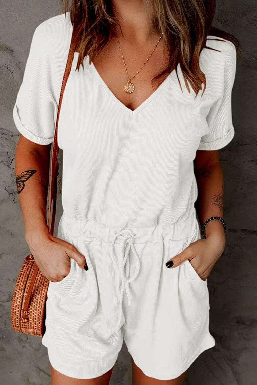 Full Size Drawstring V-Neck Short Sleeve RomperExperience Ultimate Comfort and Style with Our Full Size Drawstring V-Neck Short Sleeve Romper
 
 
Effortless Elegance: Elevate your everyday look with this chic romLove Salve -Neck Short Sleeve Romperjust arrived