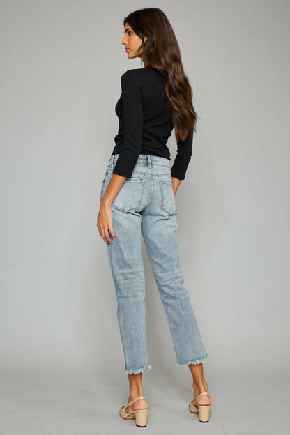 Kancan High Waist Button Fly Raw Hem Cropped Straight Jeans.