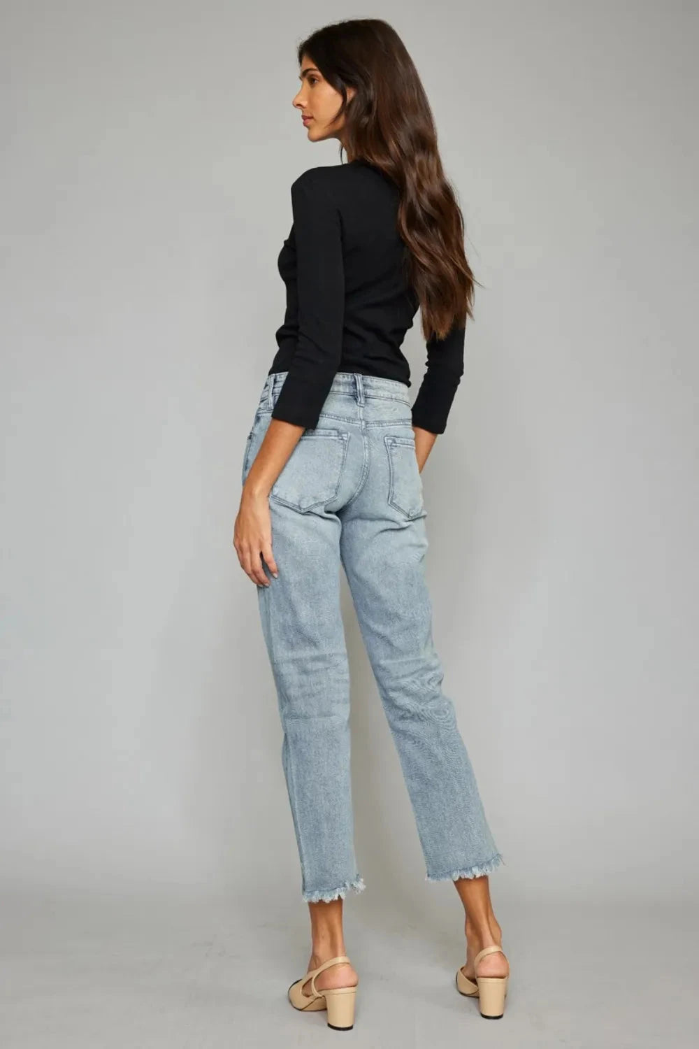 Kancan High Waist Button Fly Raw Hem Cropped Straight Jeans Coco’s Tee Boutique
