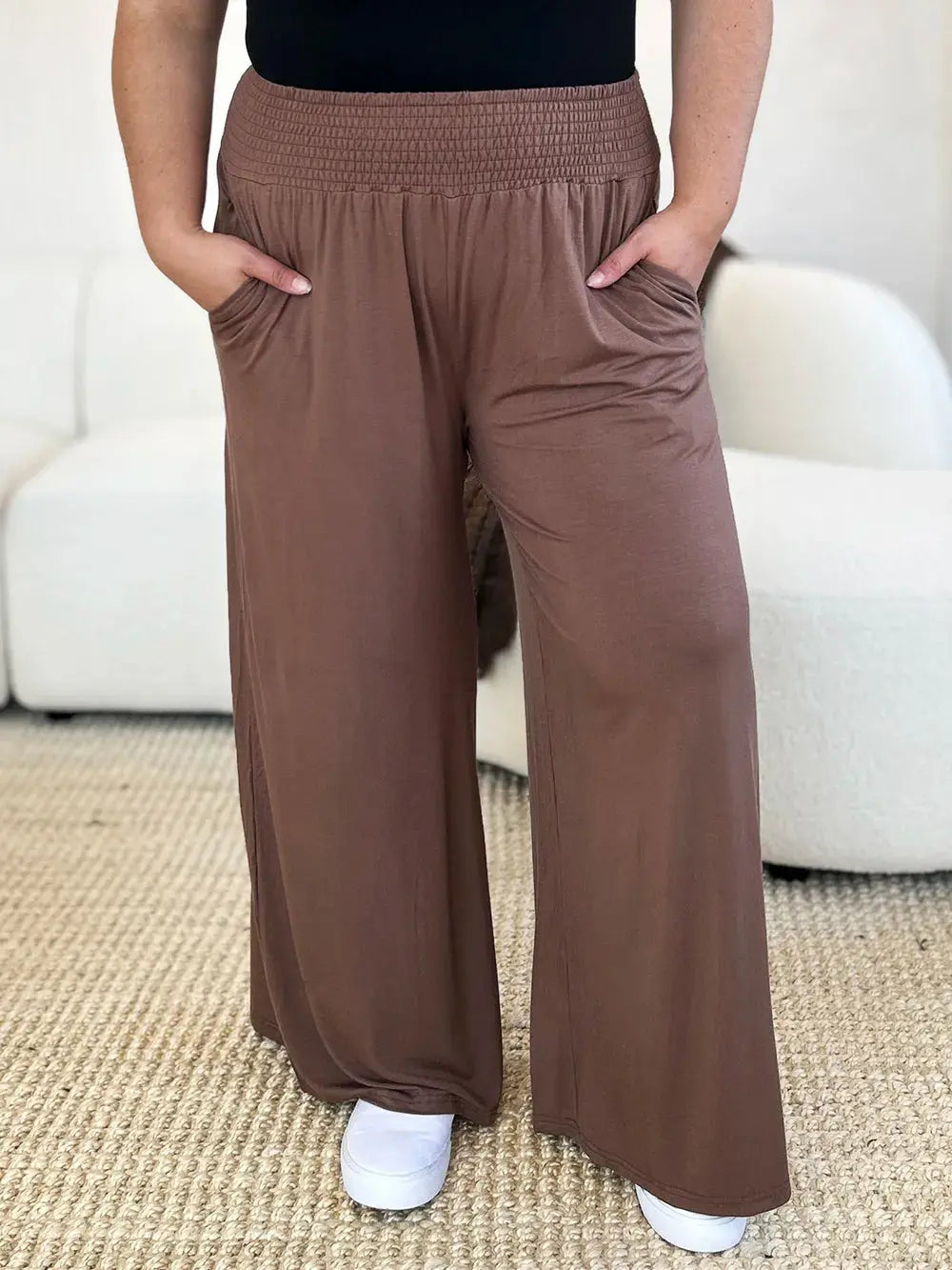 Basic Bae Full Size Smocked Wide Waistband Wide Leg Pants - Love Salve