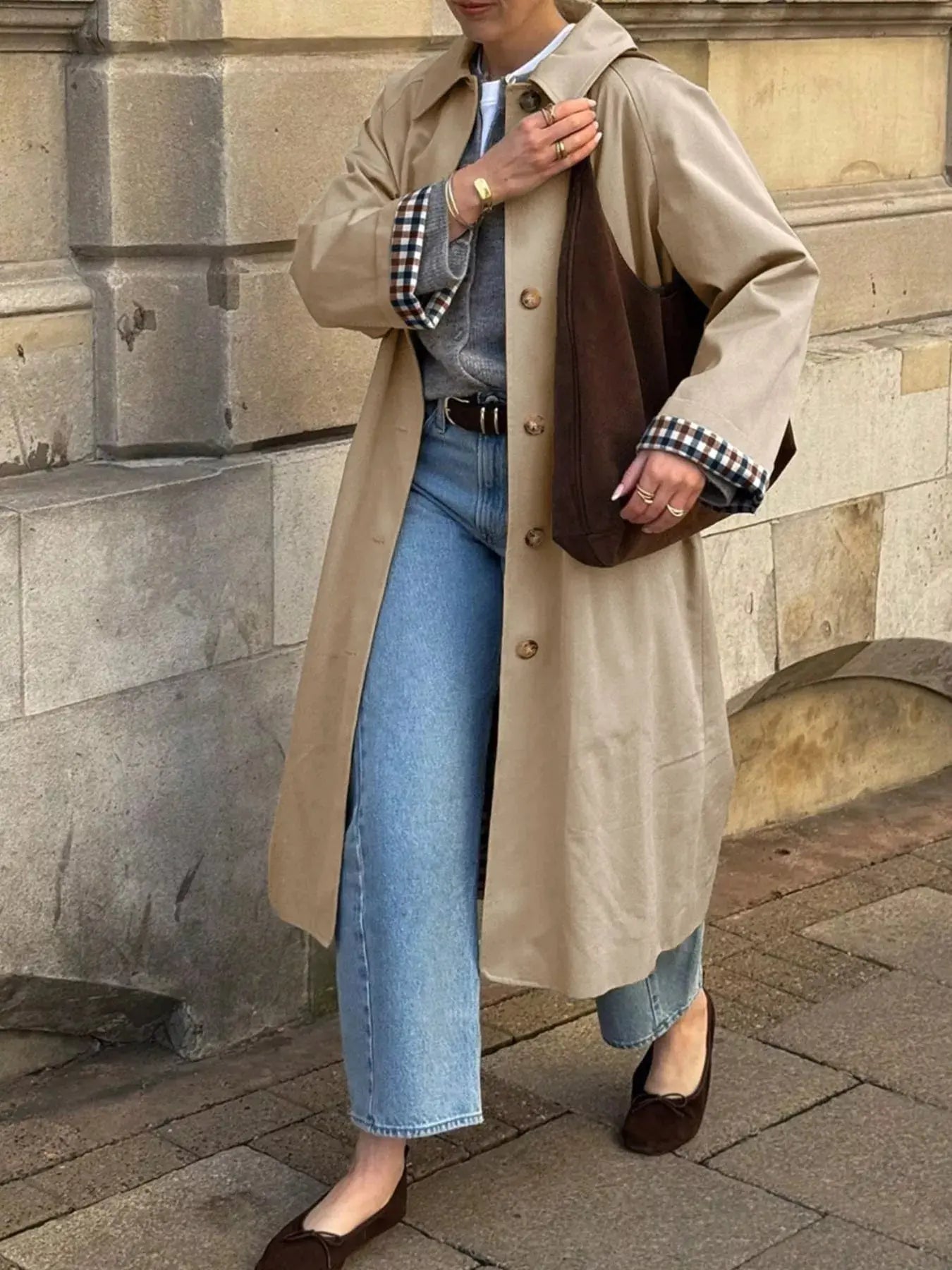 Checkered Lining Button Up Trench Coat Simply Love