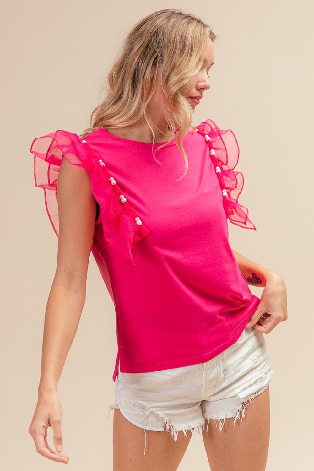 BiBi Pearl Decor Mesh Ruffle Sleeve Top.