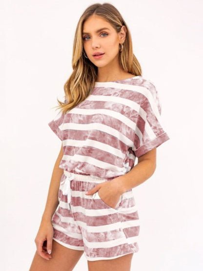 Striped Round Neck Top and Shorts Set.