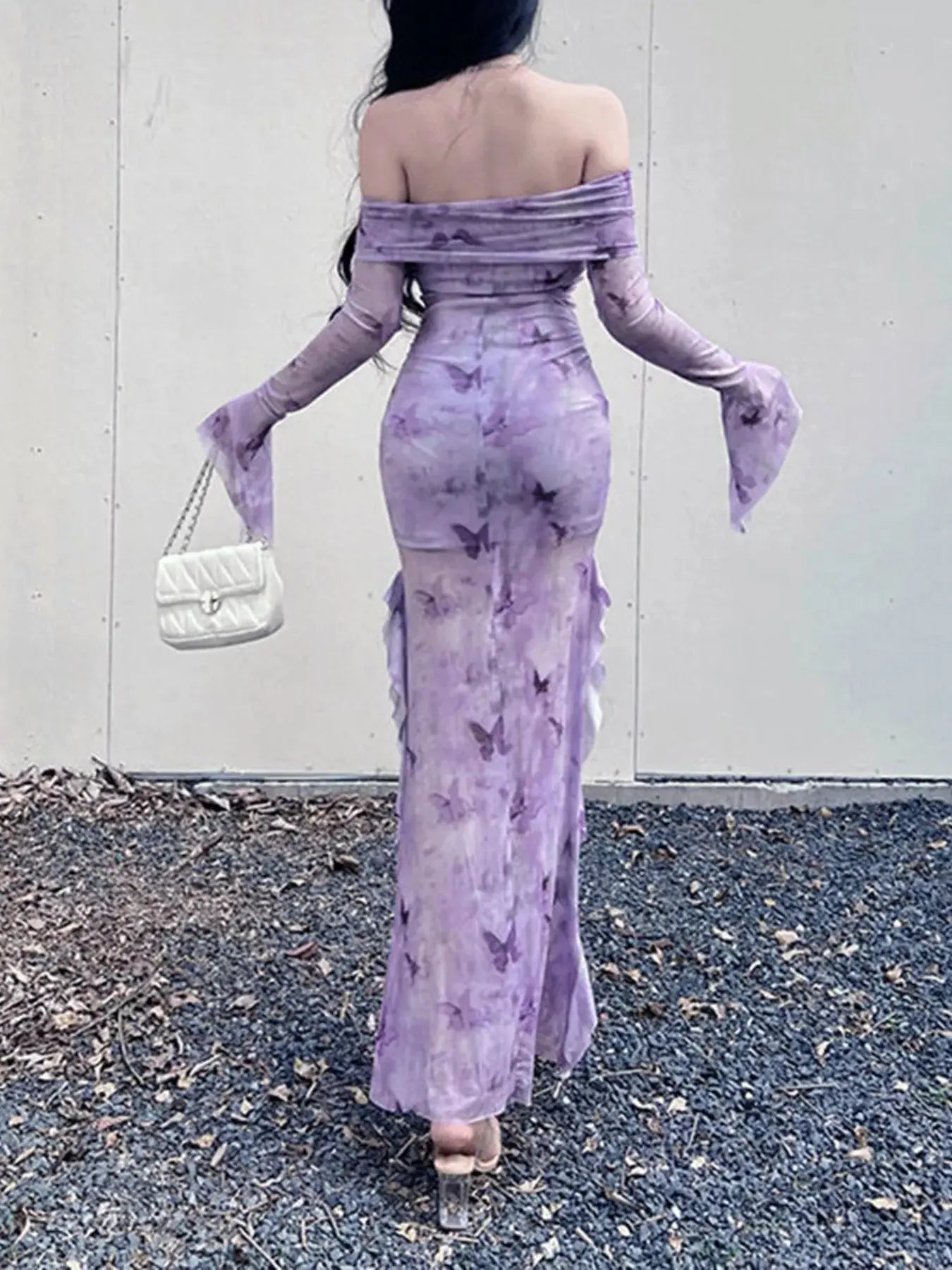 Butterfly Print Off-Shoulder Mesh Mermaid Dress Simply Love