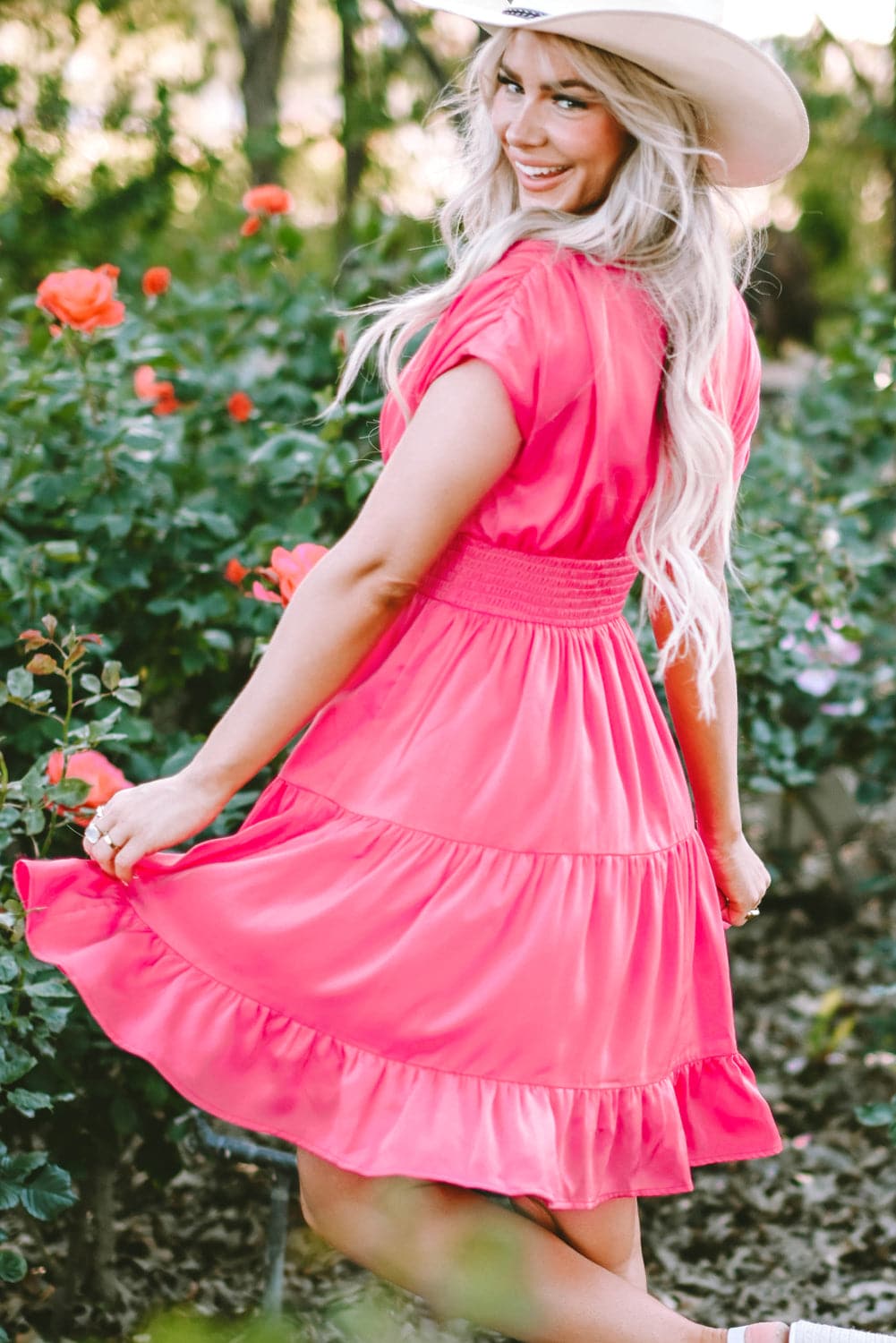 Smocked V-Neck Cap Sleeve Dress.