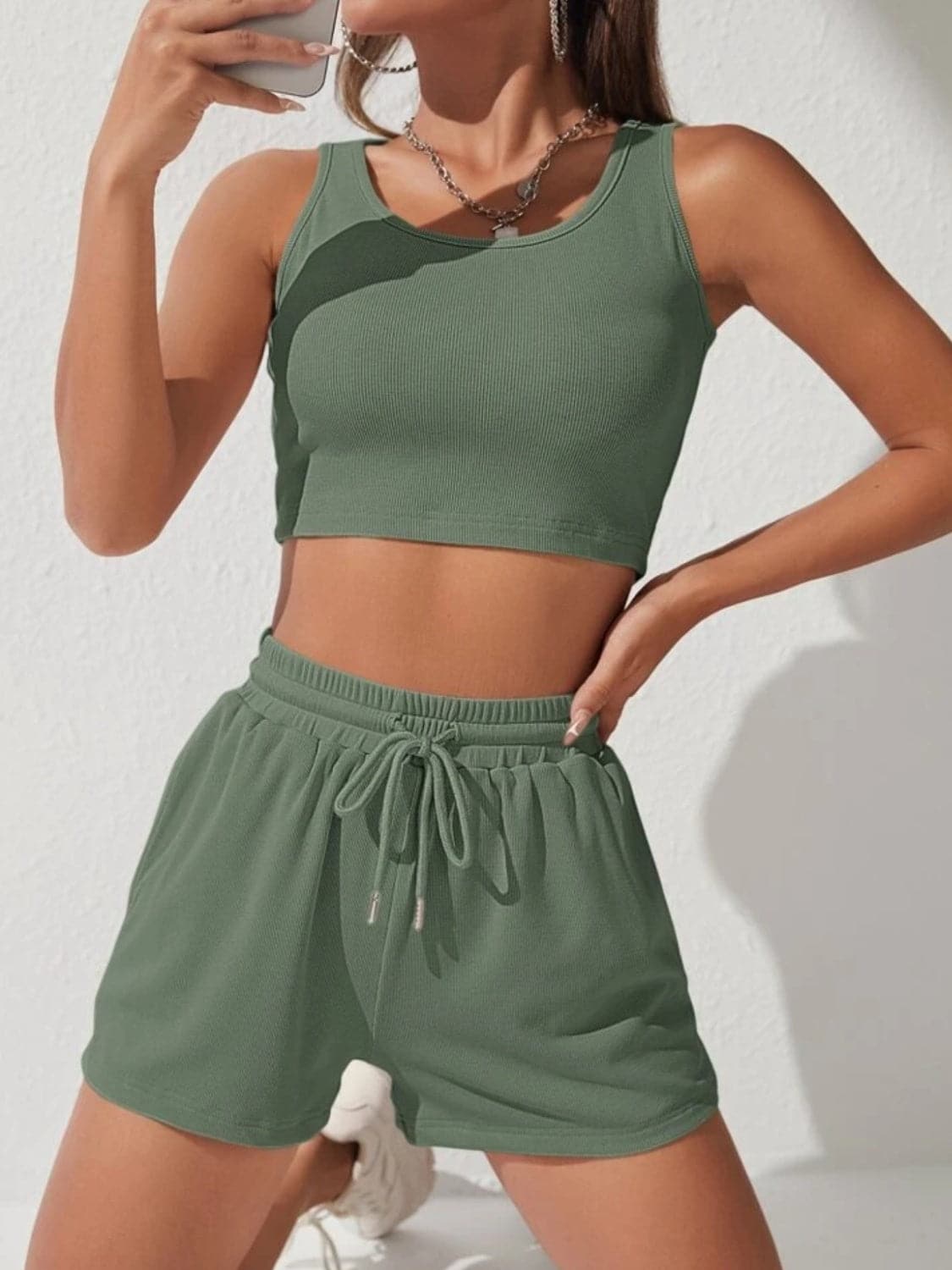 Scoop Neck Wide Strap Top and Drawstring Shorts Set.