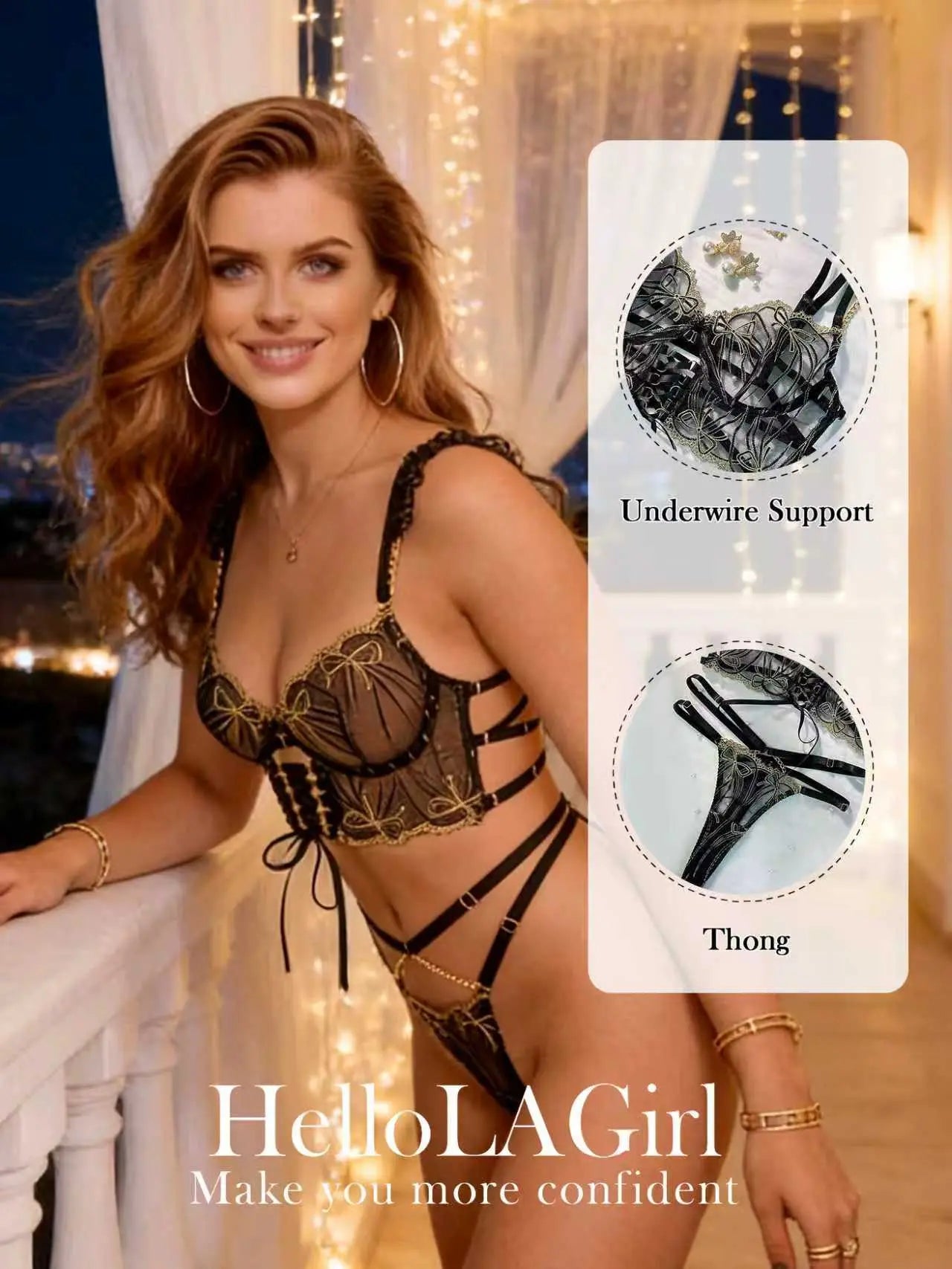 Black Gold-threaded Butterfly Bow Lingerie Set Hello.LA.Girl