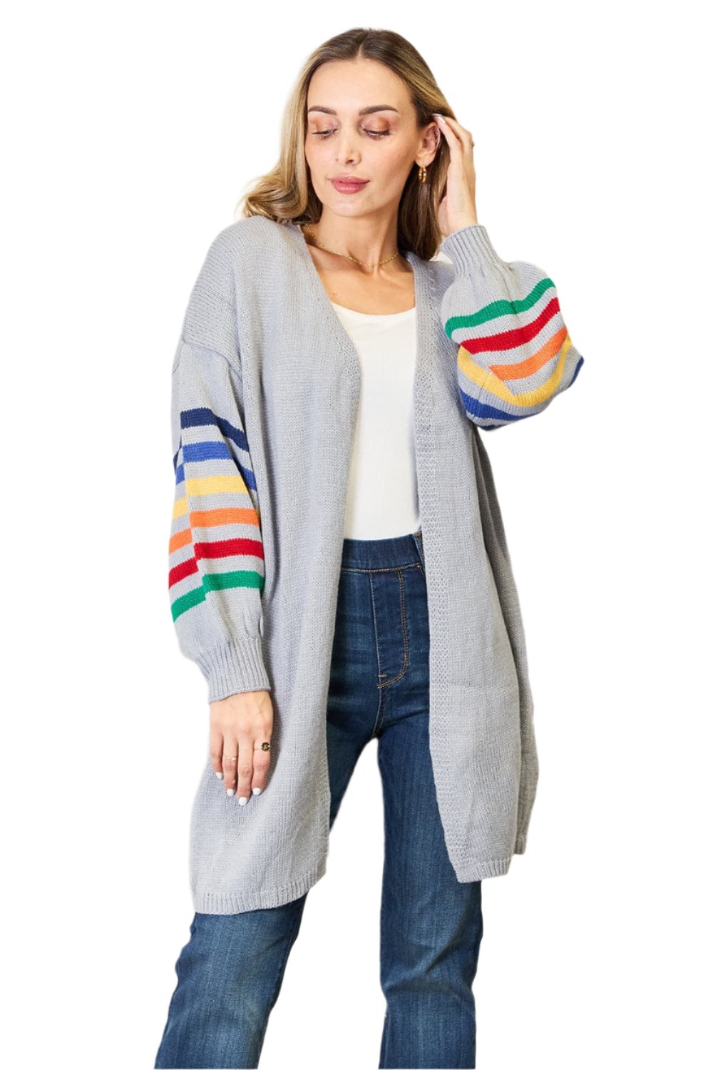 Multicolored Stripe Open Front Longline Cardigan.