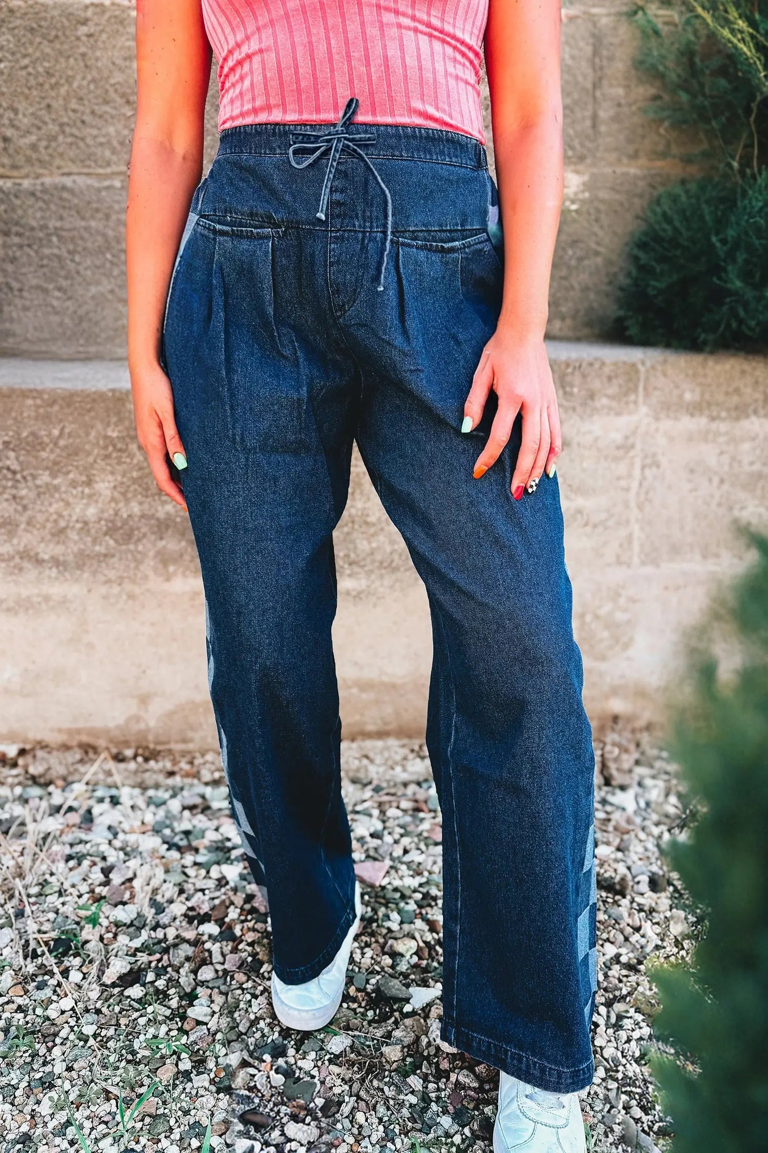 Sail Blue Checkered Side Panel Patchwork Drawstring Loose Denim Pants Dear-Lover Dropshipping