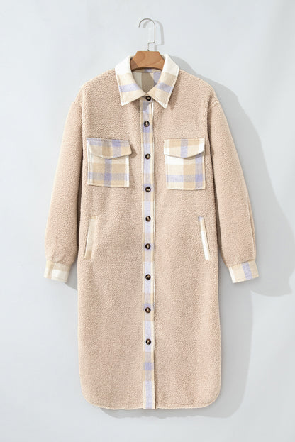 Chic smoke gray plaid sherpa long coat with button-up design