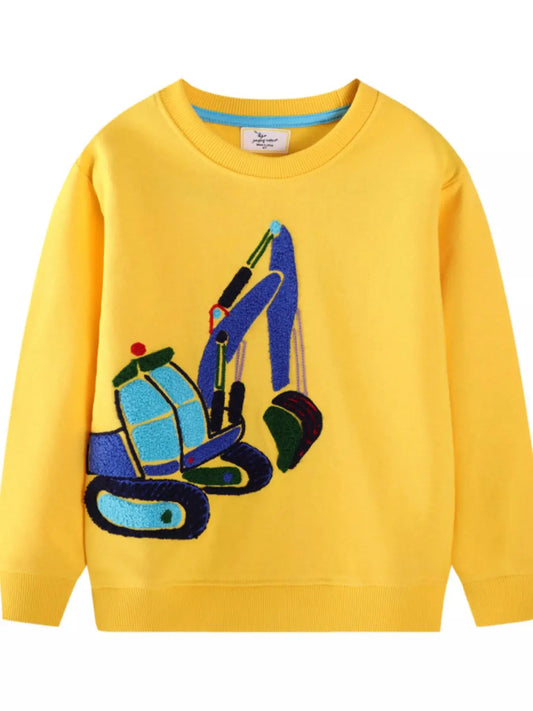 Kids Embroidered Excavator Sweatshirt Round Neck Yellow Simply Love