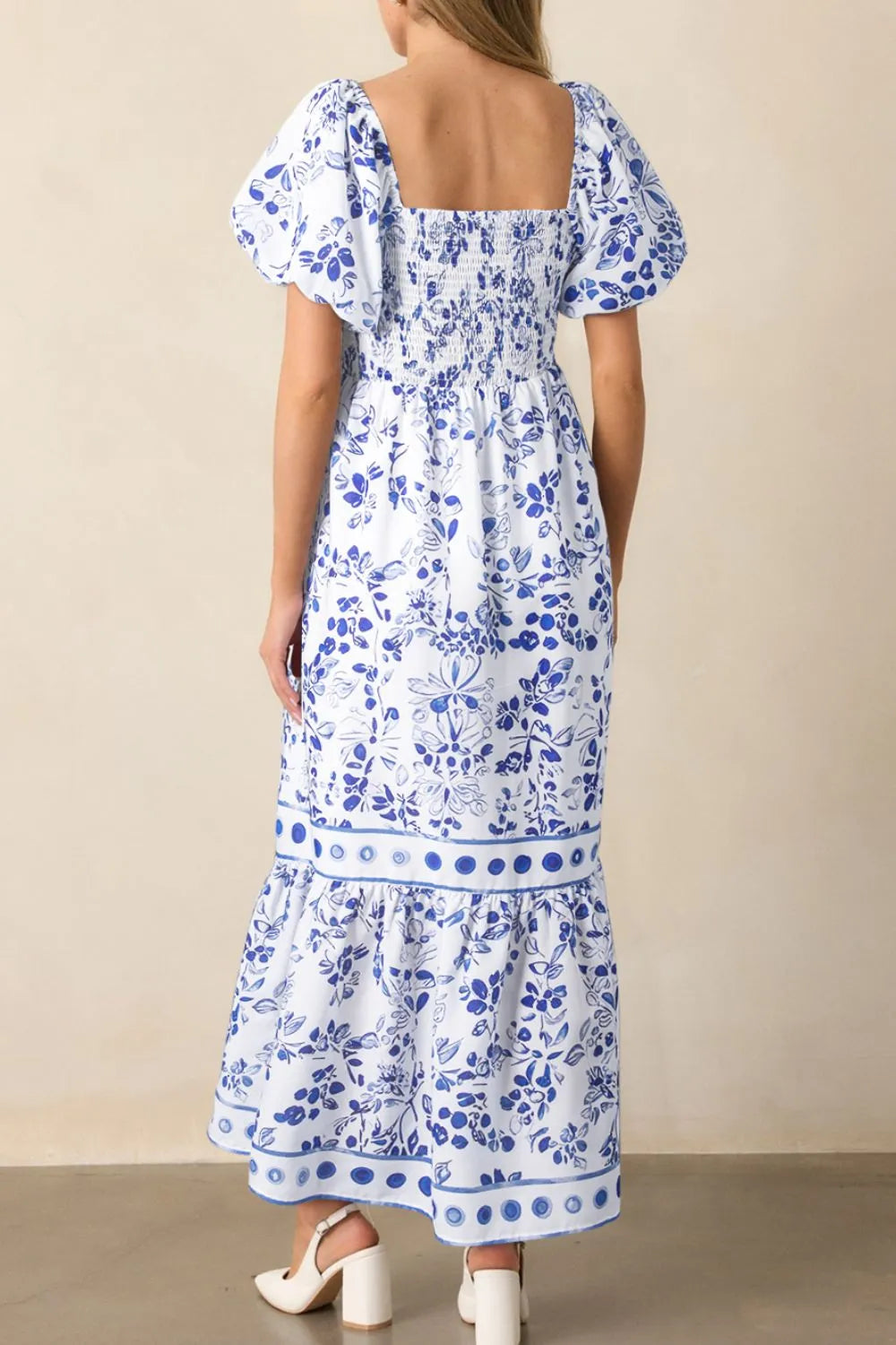 Smocked Printed Square Neck Puff Sleeve Dress