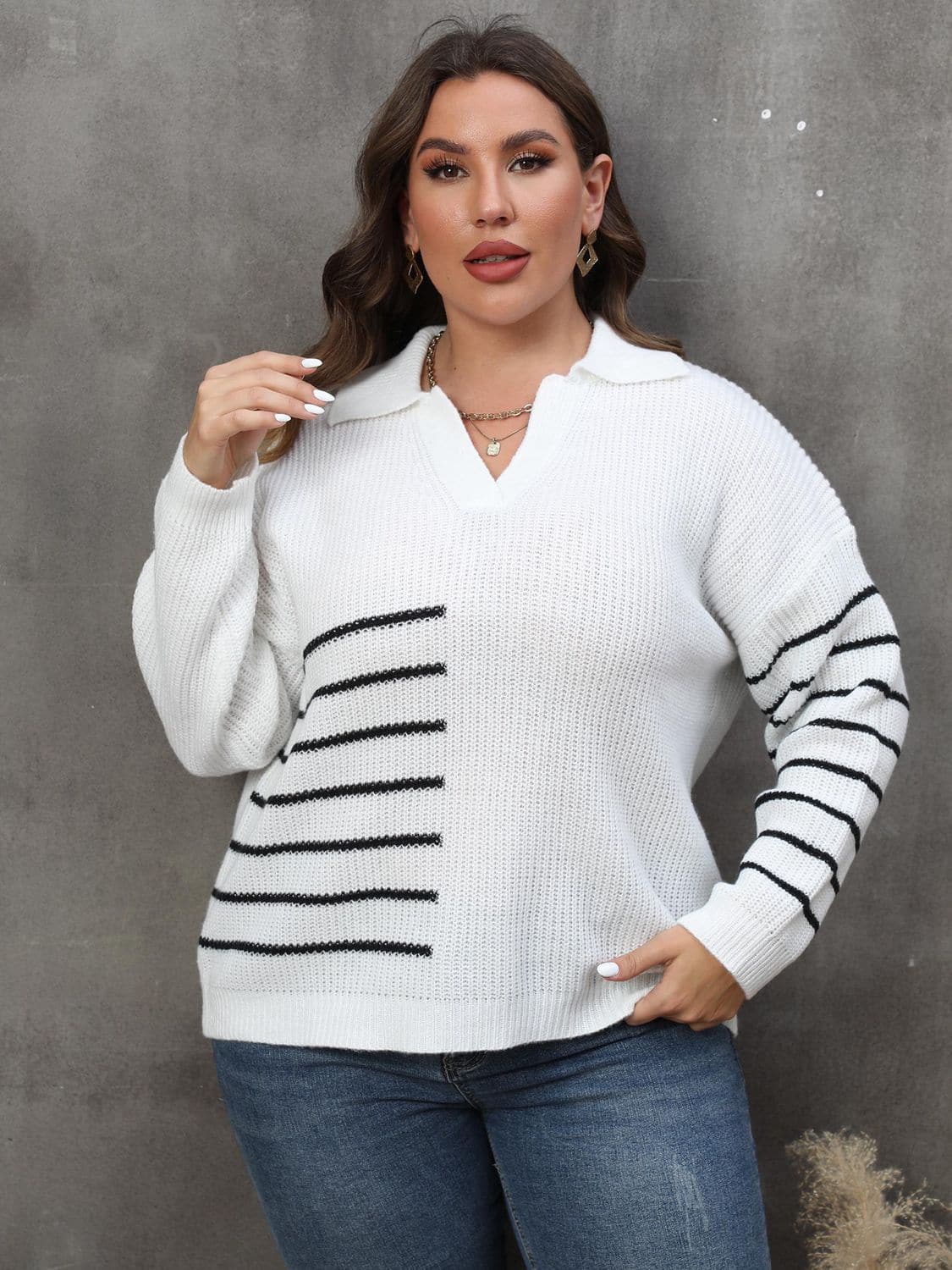 Plus Size Striped V-Neck Sweater.