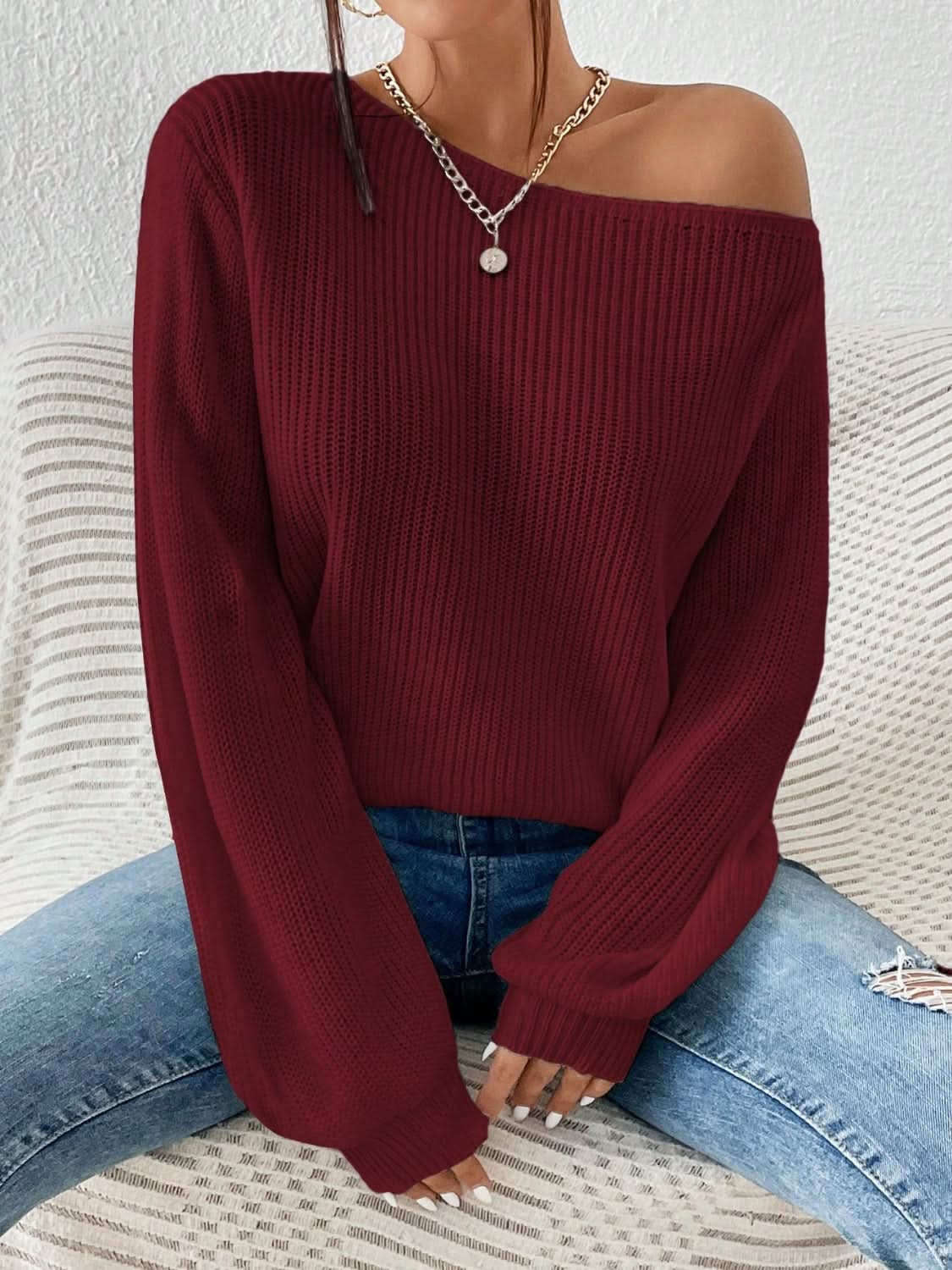 Cozy Honey One-Shoulder Long Sleeve Knit Sweater