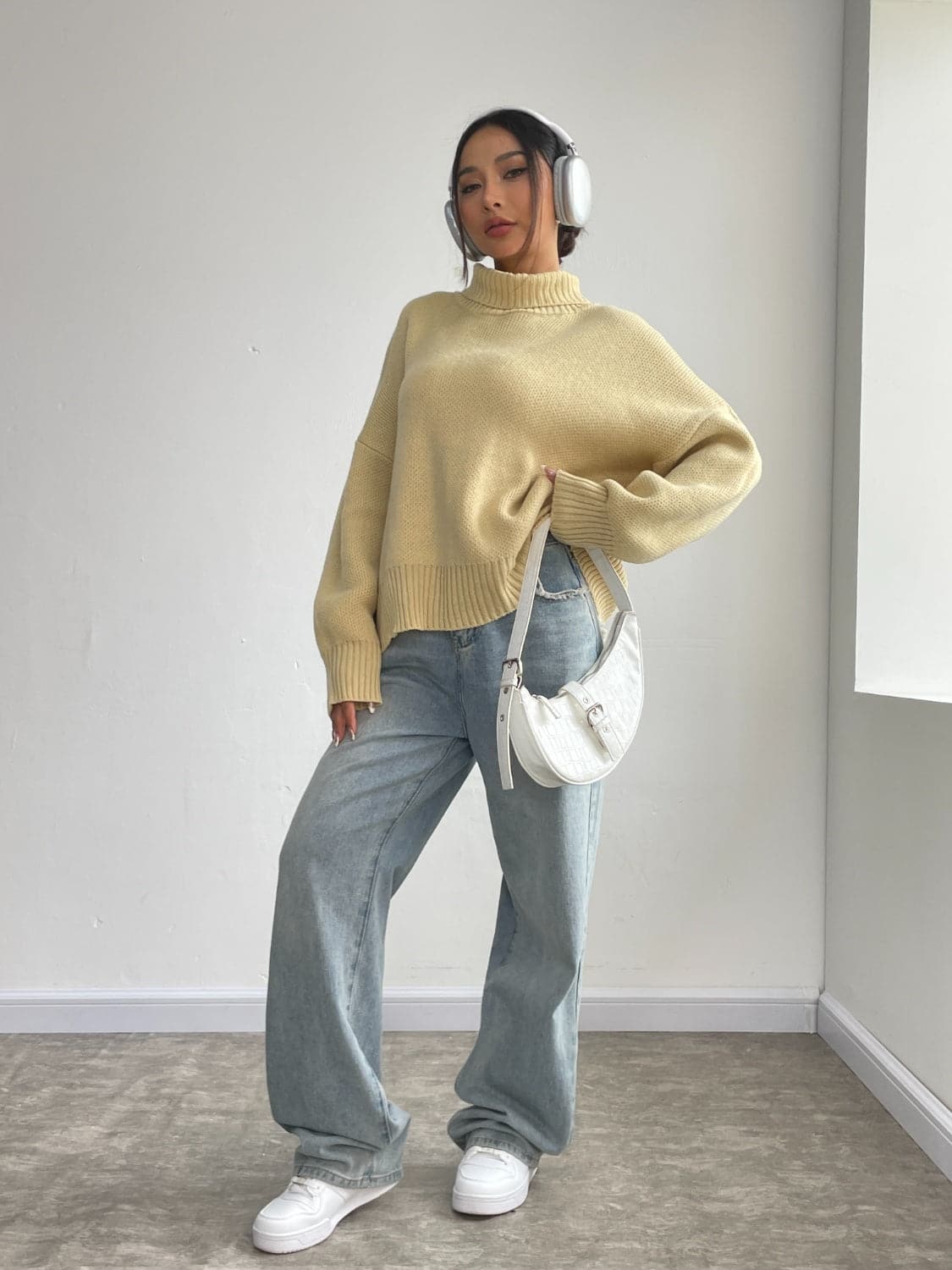 Turtleneck Dropped Shoulder Sweater.