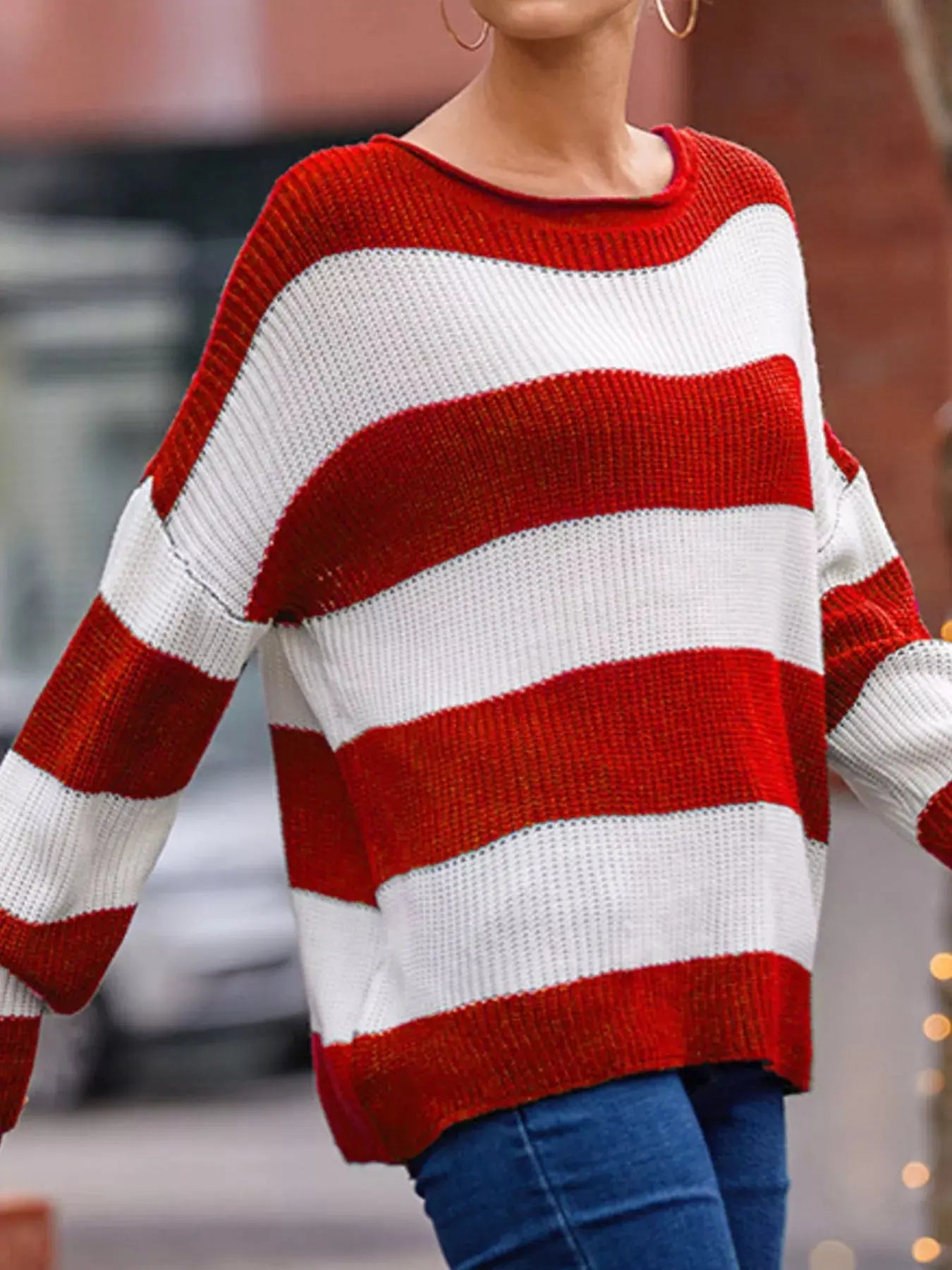 Full Size Contrast Striped Round Neck Sweater Plus Size Simply Love