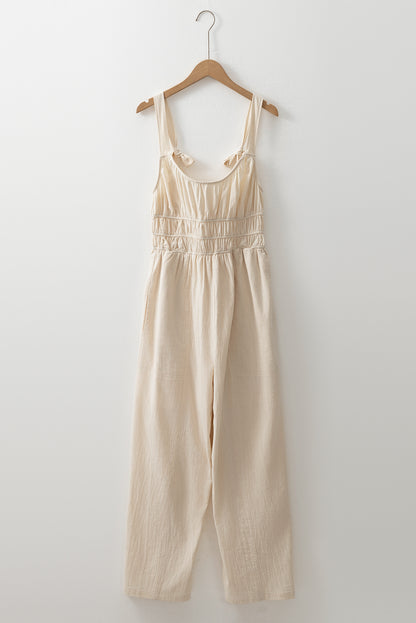 Beige Sleeveless Wide Leg Jumpsuit with Ruched High Waist Design